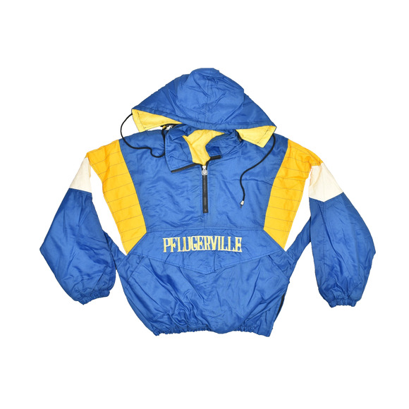 Vintage Windbreaker Anorak Jacket Pflugerville Yellow & Blue Size L - Picture 1 of 8